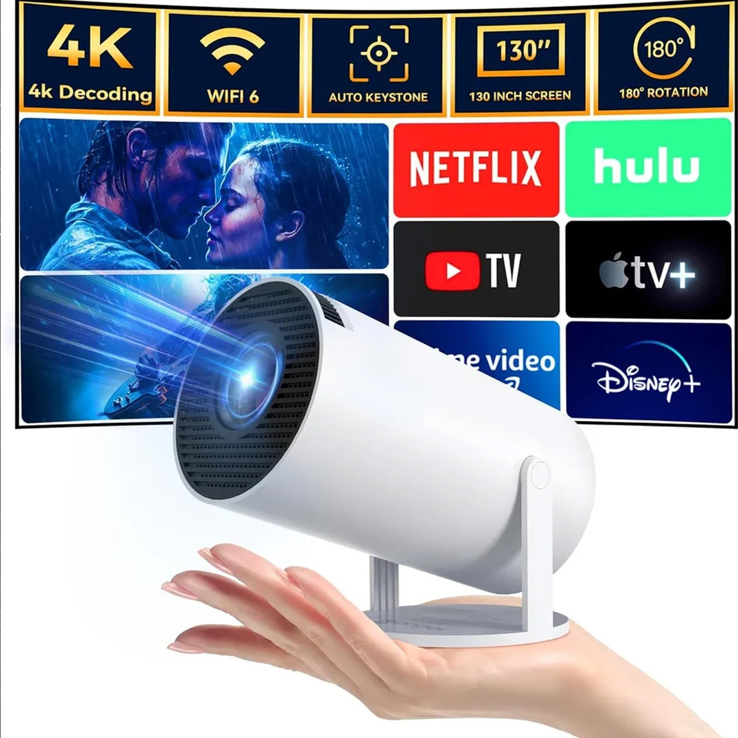 [270°Adjustable Stand] Smart Mini Projector with WiFi 6 and Bluetooth, Auto Keystone Outdoor Movie Projector 1080P HD 200 ANSI Support,Portable Home