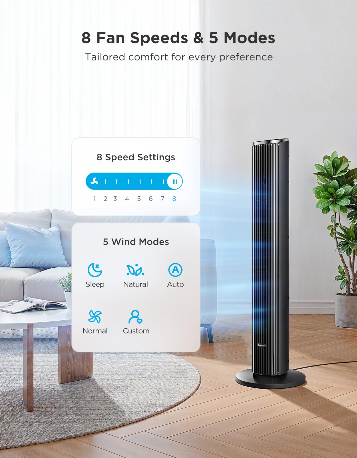 GoveeLife 36 in. Black Tower Fan for Bedroom, 5 Modes 8 Speeds up to 25ft/s