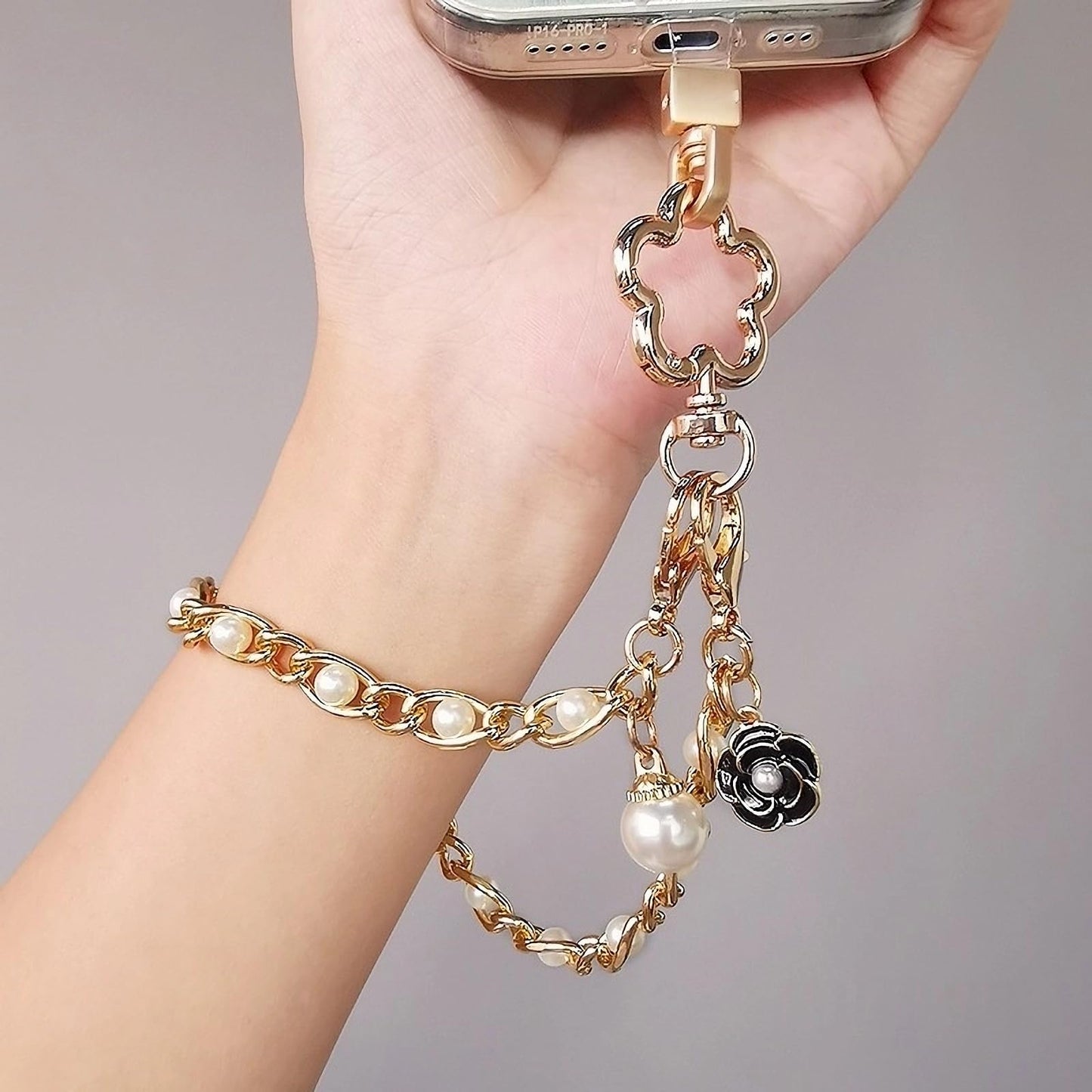 Fancy Pearl Cell Phone Wrist Strap for Women - Elegant Gold Chain Lanyard for iPhone 17 Pro Max & Most Smartphones, Detachable Cellphone Wristlet