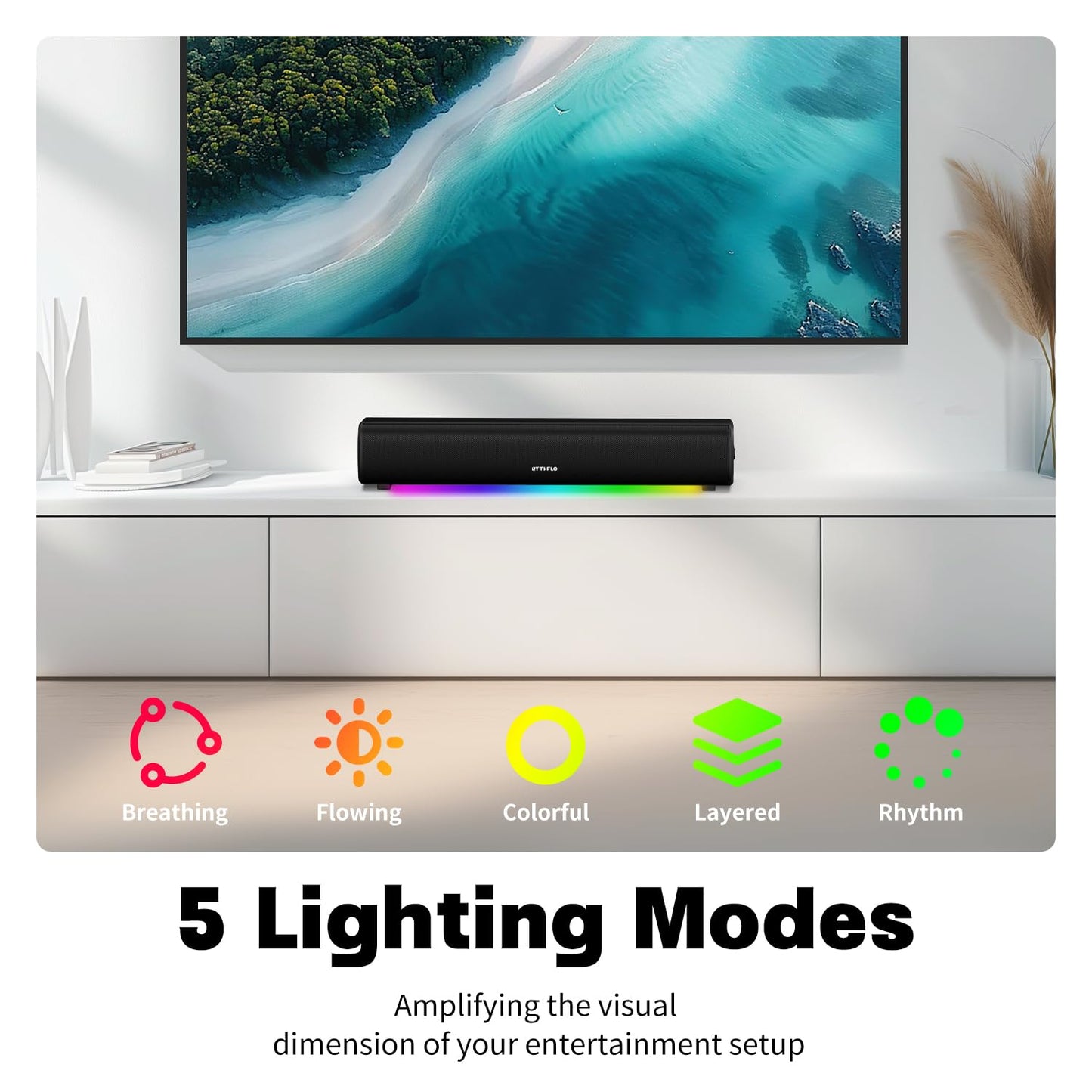Rythflo Sound Bar for Smart TV, 16'/60W Soundbar with Impactful Bass, Dynamic Light and Remote Control, Wall Mountable TV Speakers