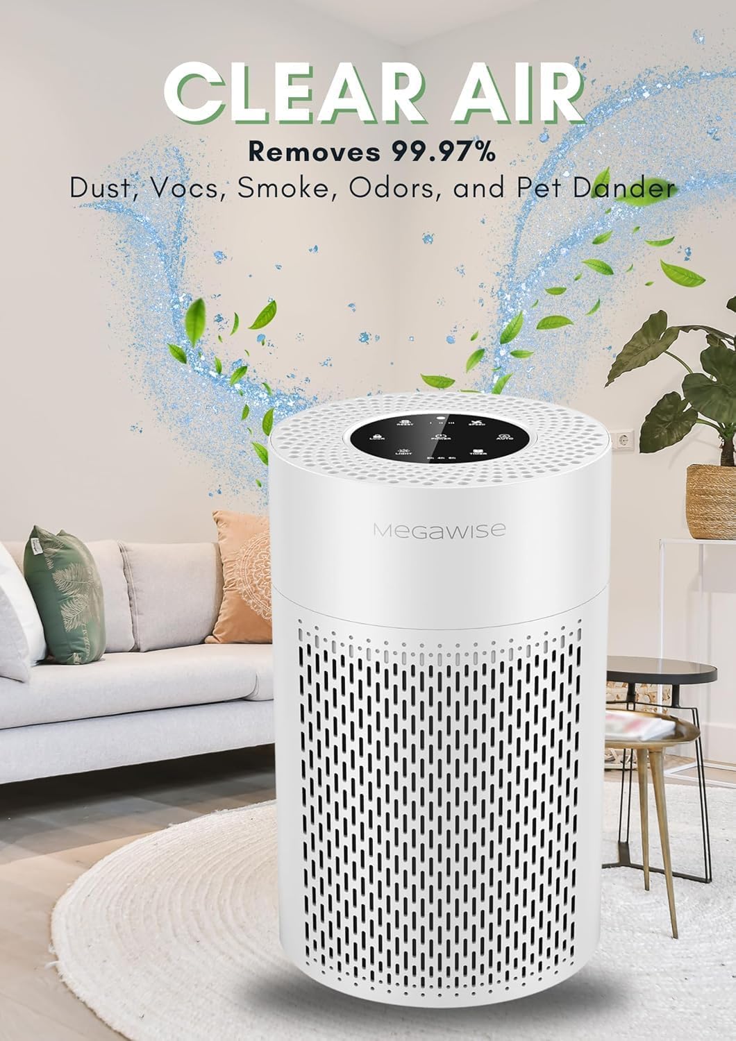 MEGAWISE Air Purifier for Home Use, Quiet Air Circulation with Layered Filtration, Compact Design for Bedroom, Living Room & Small Spaces