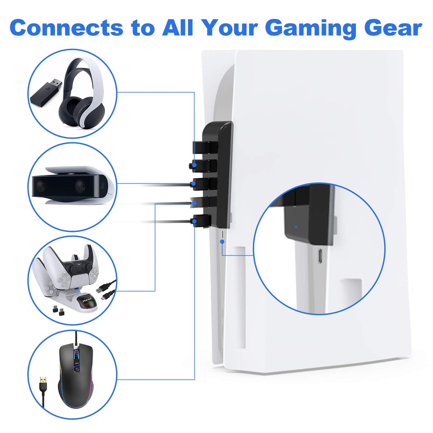NexiGo PS5 4 Ports USB Hub, [Minimalist Design], High-Speed Data Transfer, Fast Charging Ports for DualSense Controller, Splitter Expander