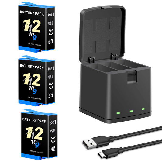 Battery Charger Kits for Hero 12 11 10 9 Black, 3-Pack 2000mAh Replacement Batteries and Triple Charge Case with Type-C Charging Cord for Hero 12 11