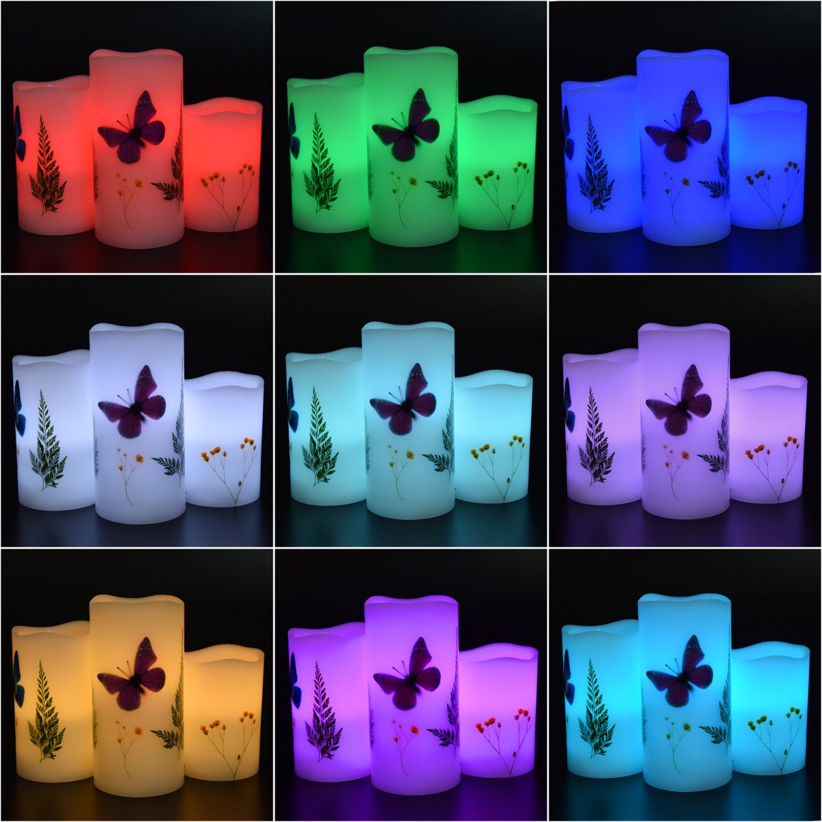 UNIVELA Candles Set of 3 Flameless 4" 5" 6" Unscented Tealight Butterfly Flower Plants Decor Real Wax Pillar Candle LED Lights 12 Color Changing 4H 8H