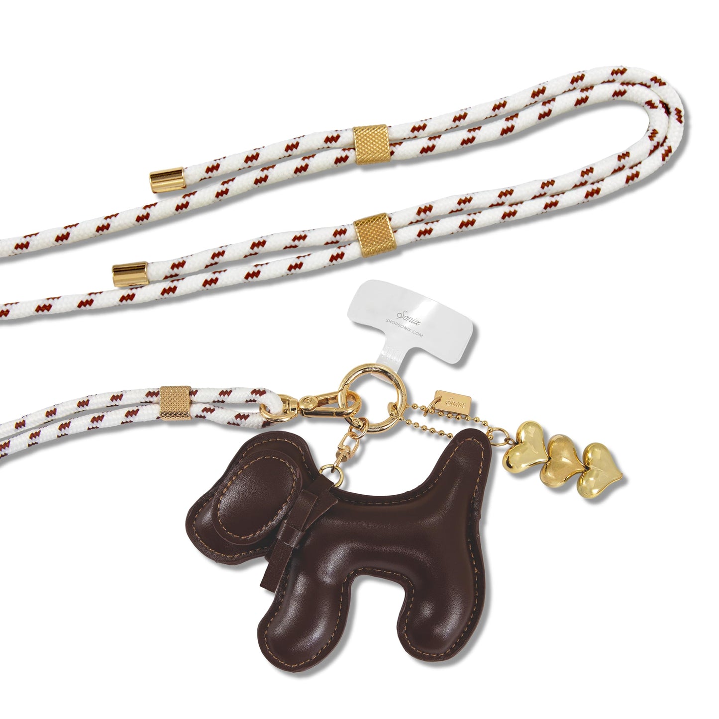 Sonix | Crossbody Phone Strap with Plush Animal Charm | Adjustable, Universal Cell Phone Rope Strap Lanyard | White Cord | Chocolate Dog