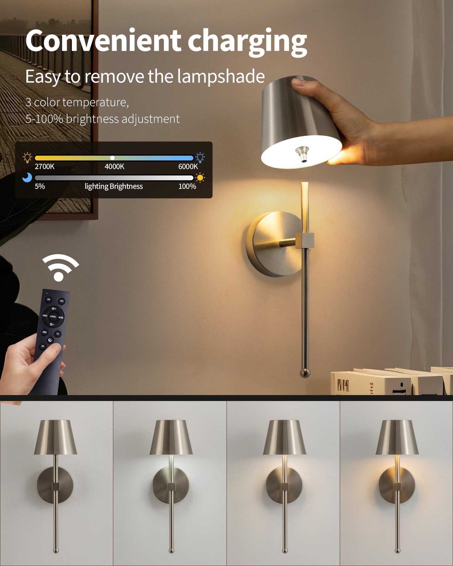 KDG Wireless Wall Sconces Set of 2, Small Cordless 5200mAh Rechargeable Battery LED Wall Lamps, Stepless Dimming Lightings for Wall Painting, Living