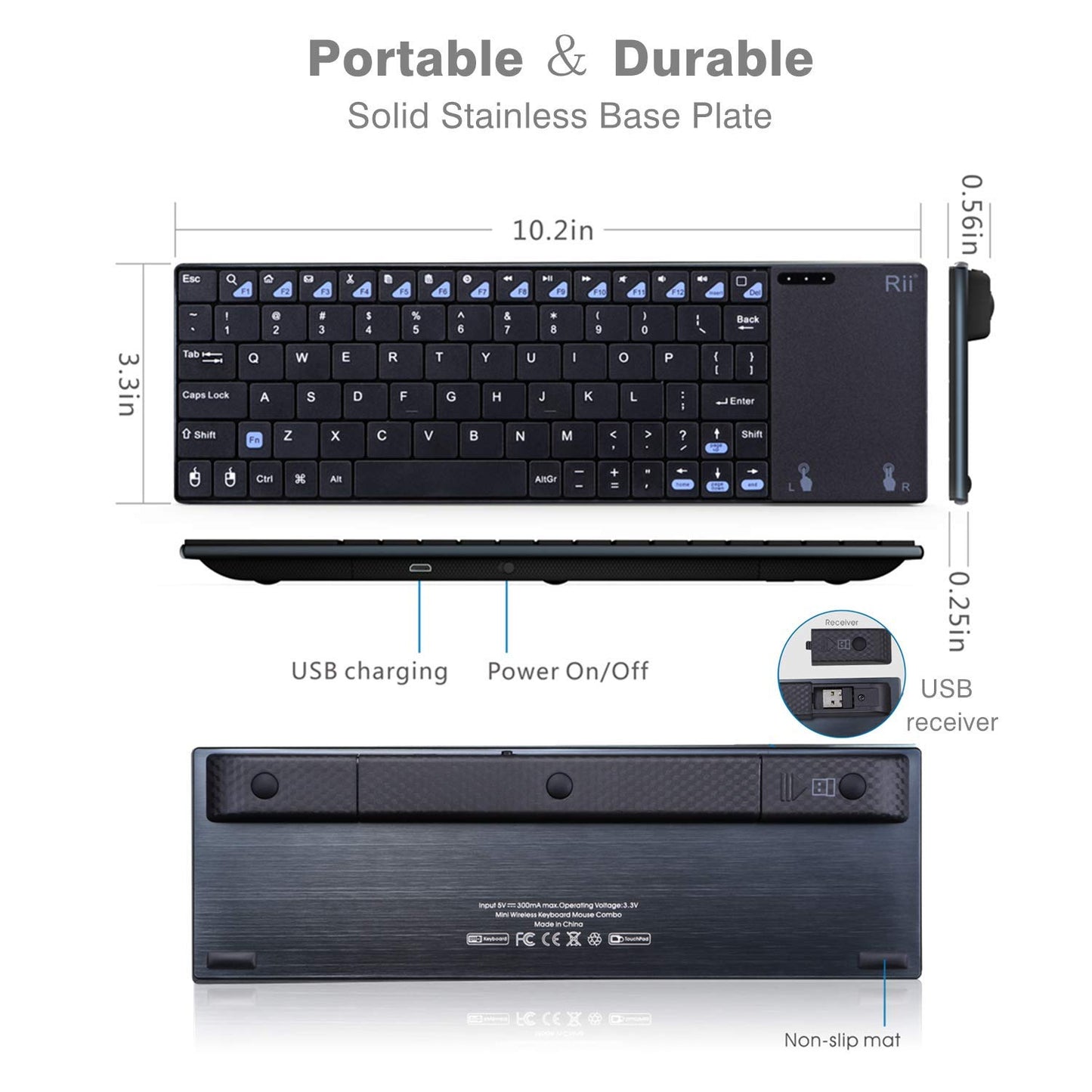 Rii K12+ Mini Wireless Keyboard with Large Touchpad Mouse&Qwerty Keypad, Stainless Steel Portable Wireless Keyboard with USB Receiver