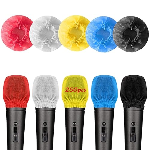 250 pcs Disposable Microphone Cover, Non - Woven Handheld Microphone Windscreen Protective Cap Mic Hygiene Covers with Elastic Band for Recording