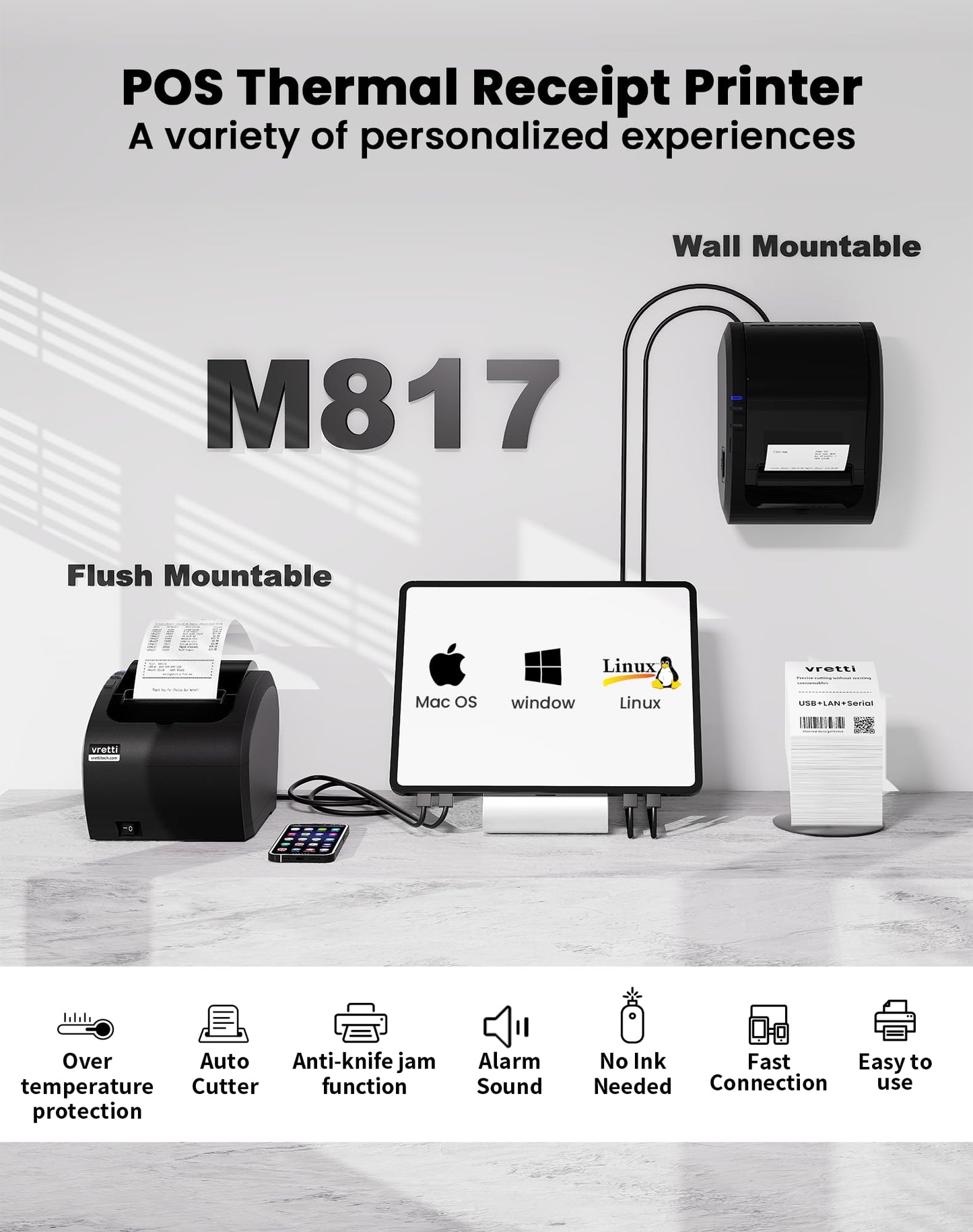 vretti Thermal Receipt Printer, 3'1/8 80mm USB POS Printer, Restaurant Kitchen Printer with Auto Cutter Support Cash Drawer,USB Serial Ethernet