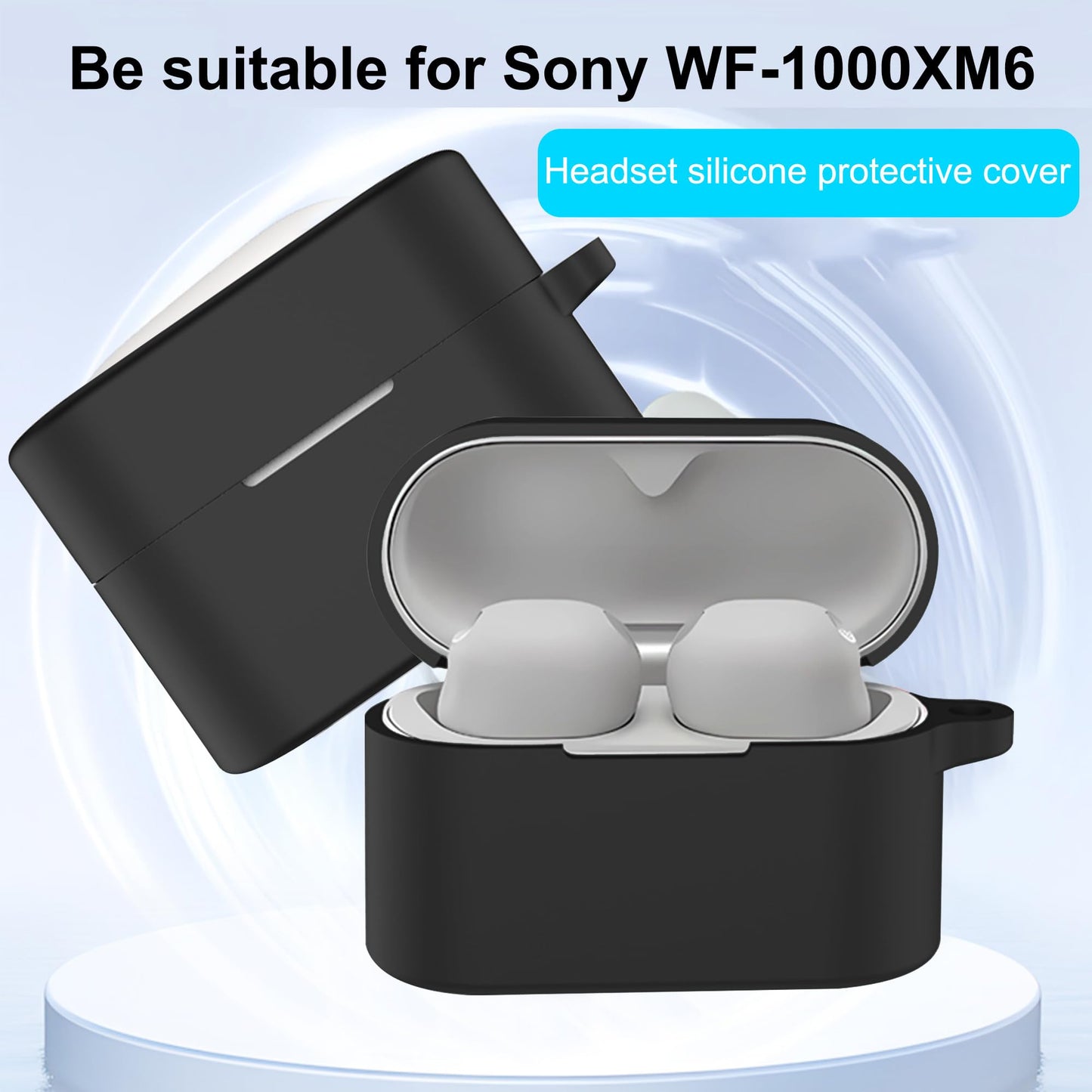 Compatible with Sony WF-1000XM6 Case Cover,Shock-Proof,Premium Silicone with Silver Ring Buckle Cleaning Accessories-Black
