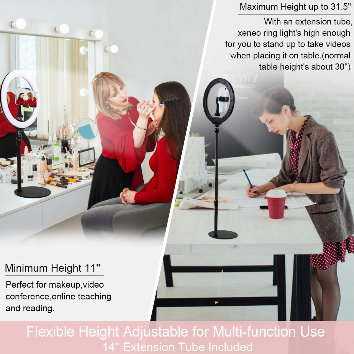 Xeneo 10" Desktop Selfie Ring Light with Stand and Phone Holder for iPhone Android, 3 Light Modes Dimmable LED Ringlight for YouTube/Video