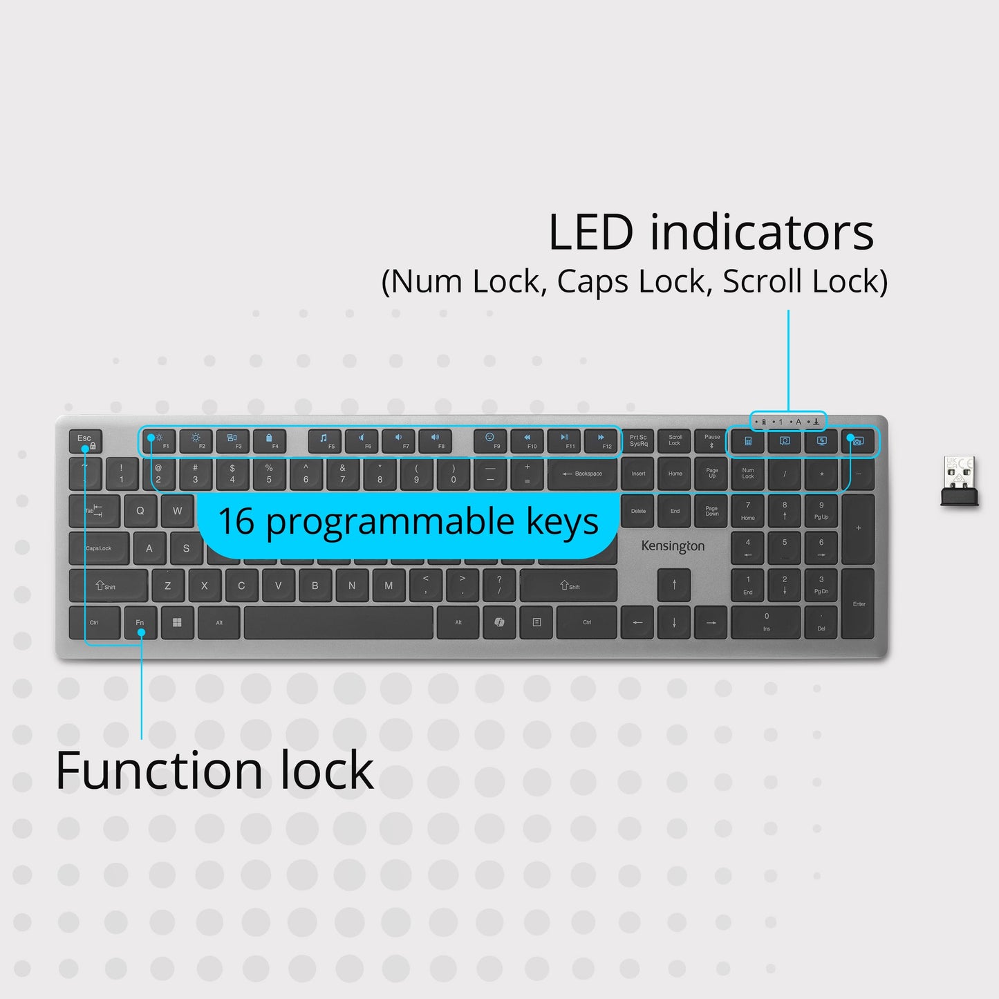 Kensington KB535 Wireless Keyboard, Bluetooth & 2.4GHz Connection, Full-Size Layout, Quiet Scissor-Switch Keys, Programmable, Copilot Hotkey
