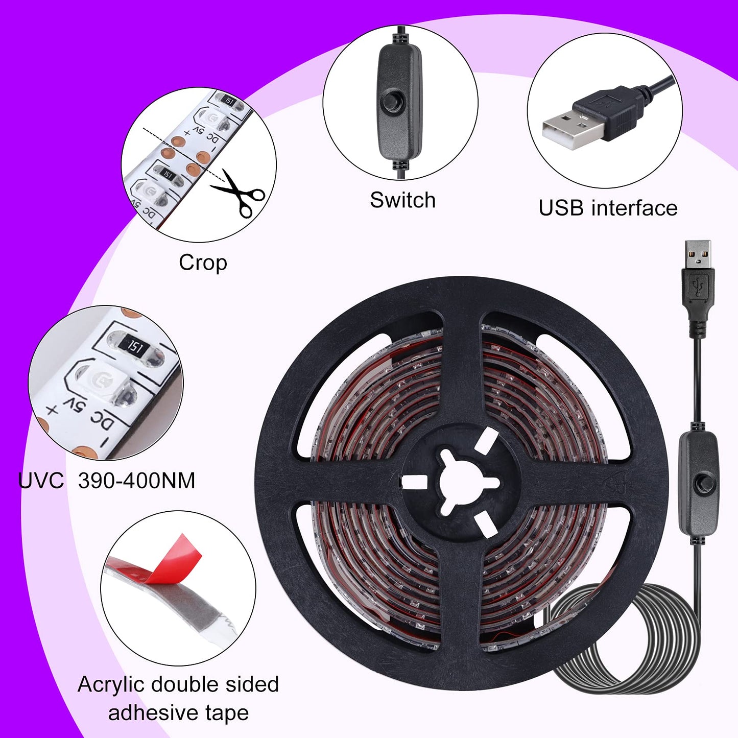 UV Light Strip USB UV Black Light Strip DC5V 390nm-400nm 6.56FT/2M SMD 3528 120LEDs IP65 Waterproof Super Bright LED Strip Lights, for Fluorescent