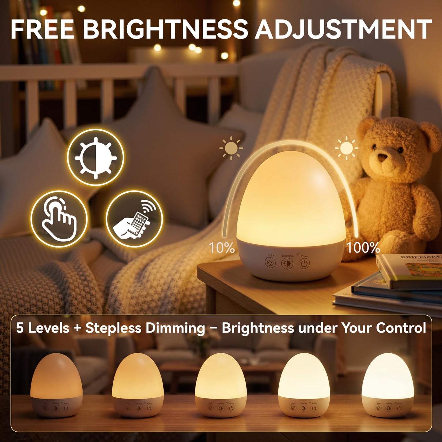 Auxmir Nursery Night Light for Kids, Baby Egg Light with 13 Colors & Dimmable Lighting, BPA Free Rechargeable Bedside Table Lamp with Timing Function