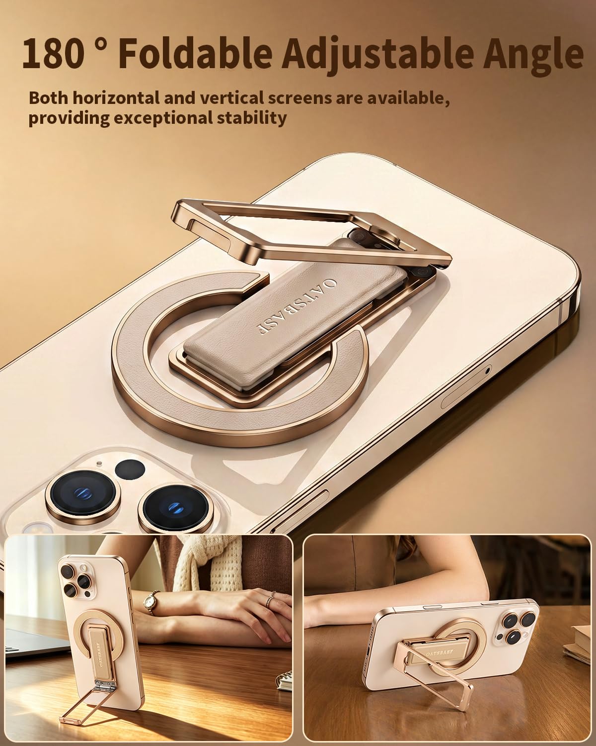 nediea Magnetic Phone Ring Holder, PU Leather Strap for Pain-Free Grip, MagSafe Phone Grip & Stand with Kickstand, 0-180° Adjustable, Auto Snap-Back
