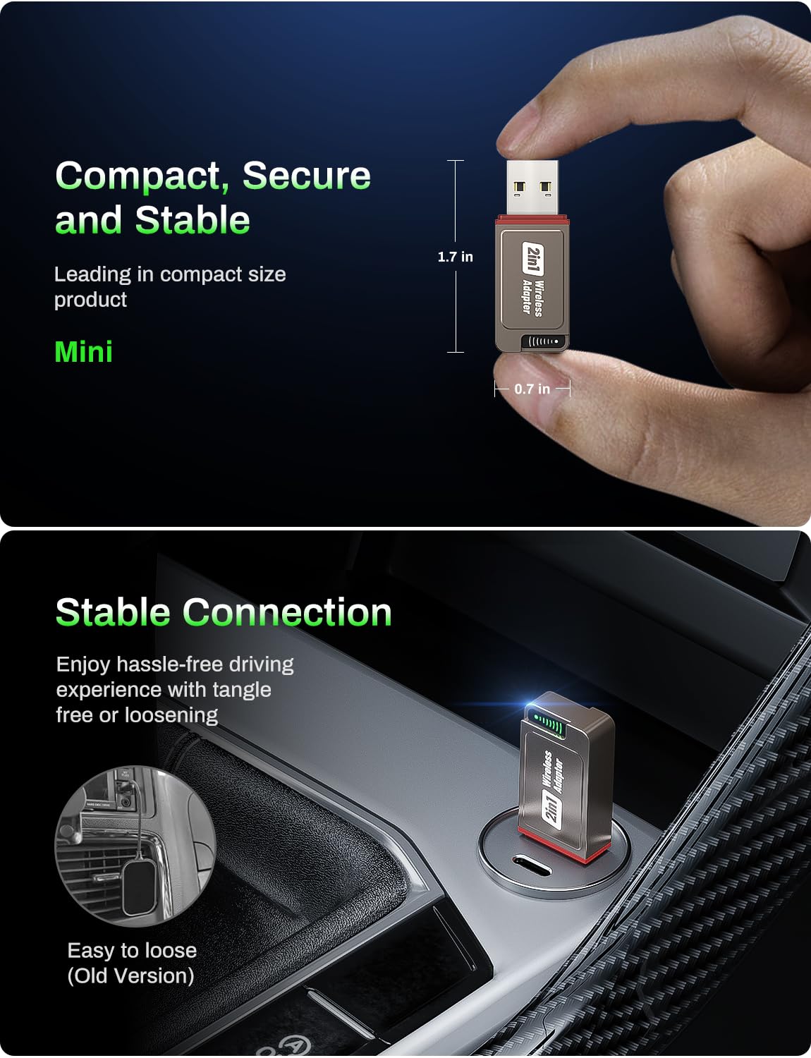 2-in-1 Wireless CarPlay Adapter Support Apple CarPlay & Android Auto, Mini Bluetooth USB A & USB C Dongle Convert Wired to Wireless Compatible