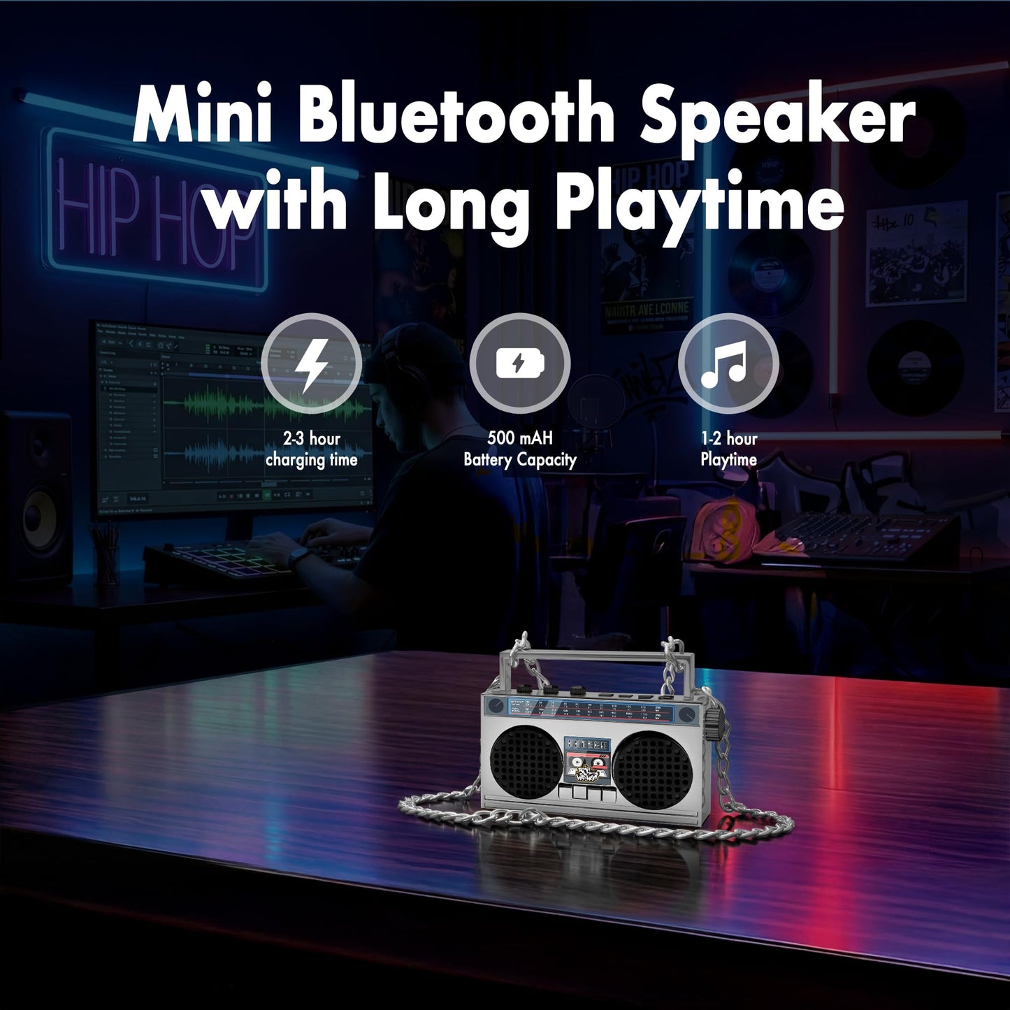 Portable Bluetooth Speakers, Retro Speakers Bluetooth Wireless Wearable Mini Bluetooth Boombox with 27” Neck Chain, FM Radio, On-Board Buttons, Dual