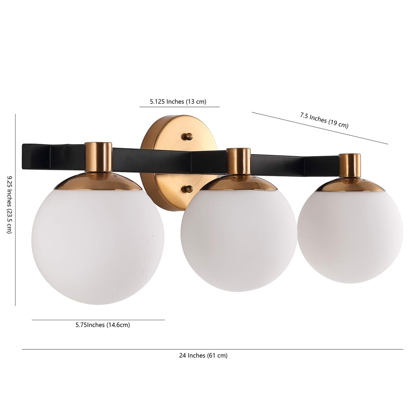 JONATHAN Y 24" Brass Gold/Black Modern Globe LED Vanity Wall Sconce Light, White Frosted Glass Shade, Mid-Century Art Deco Wall Lamp for Bathroom