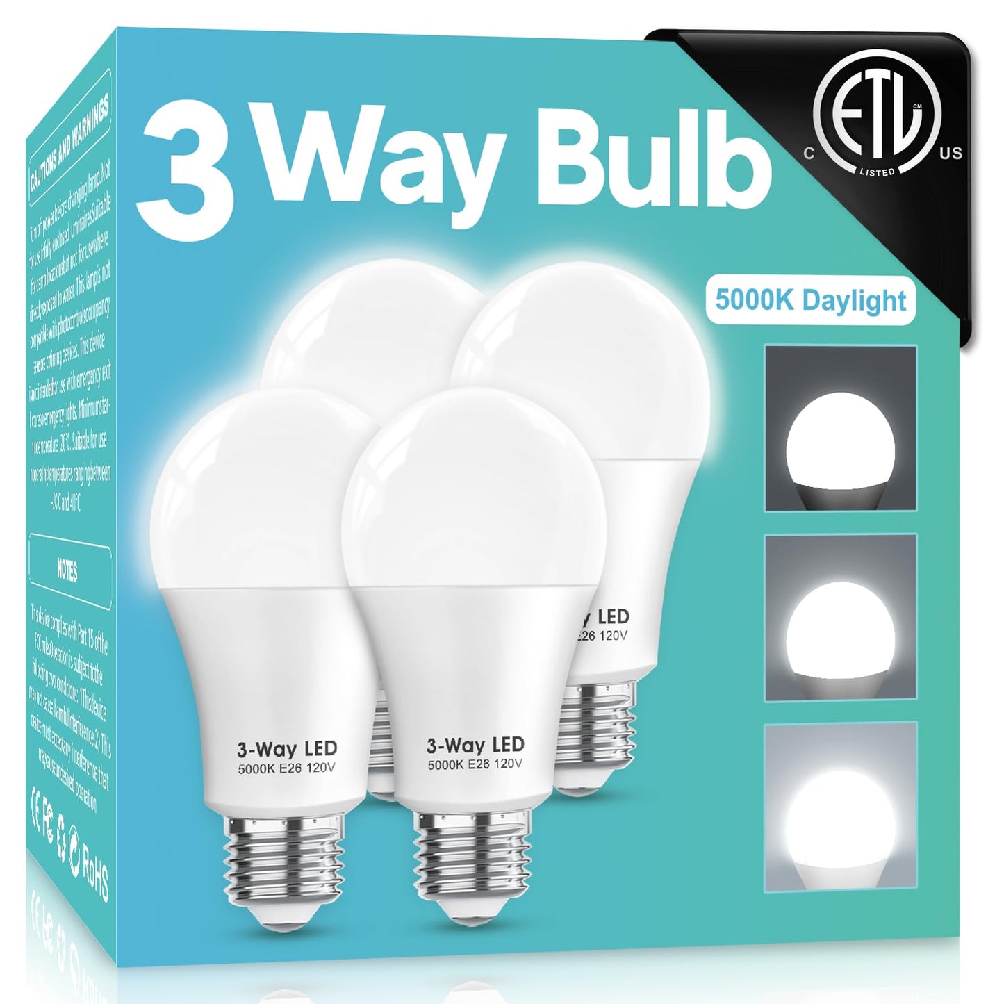 Gonhom ETL Listed 3 Way LED Light Bulbs Daylight White 5000K,30 70 100W Equivalent 3 Way Light Bulbs, A19 E26 Medium BaseThree Way Light Bulb,Perfect