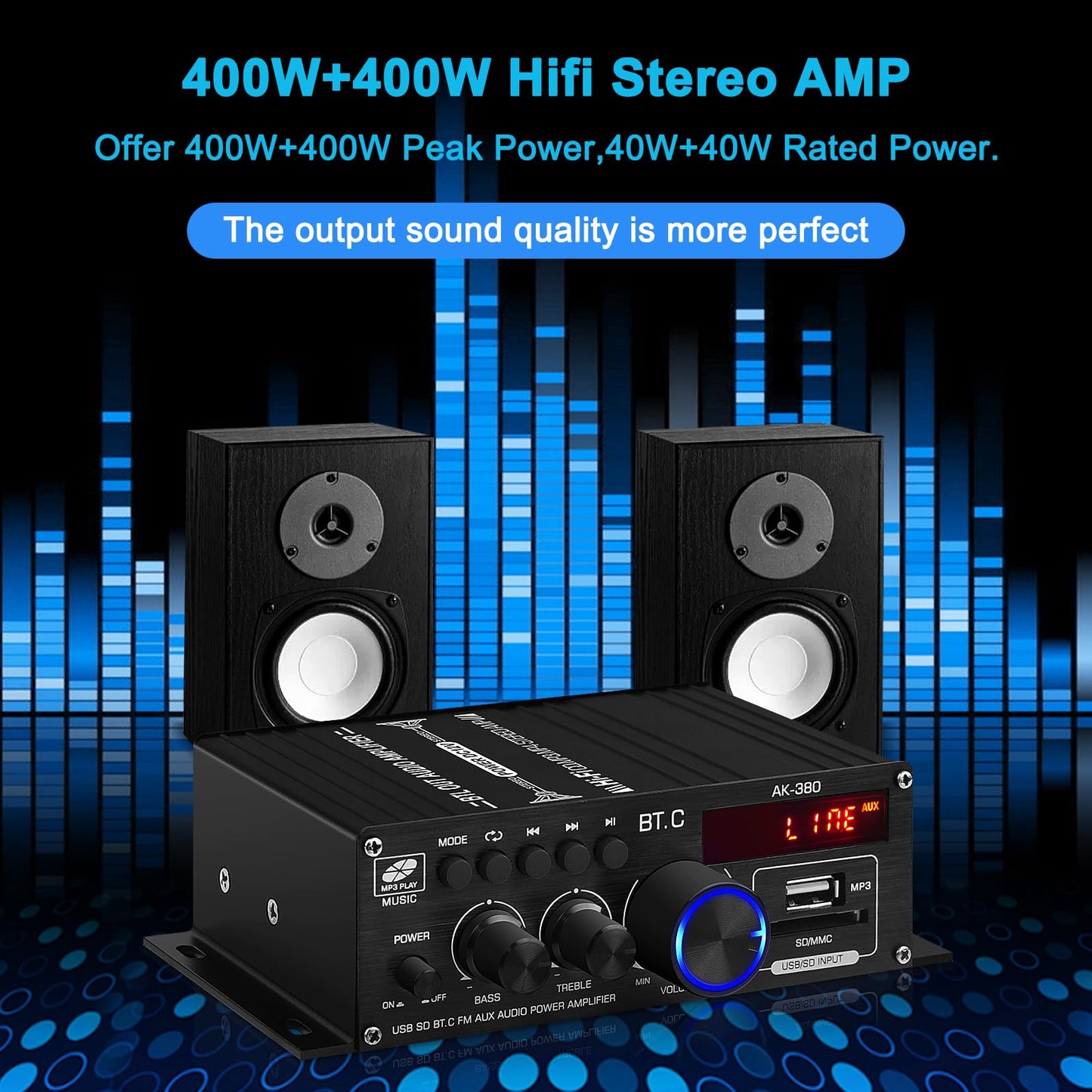 AK-380 USB SD BT.C FM AUX Audio Power Amplifier 2.0 CH 40W+40W HiFi Stereo AMP Speaker Bluetooth 5.0 Amp Receiver with 12V 5A Power Supply,FM Antenna