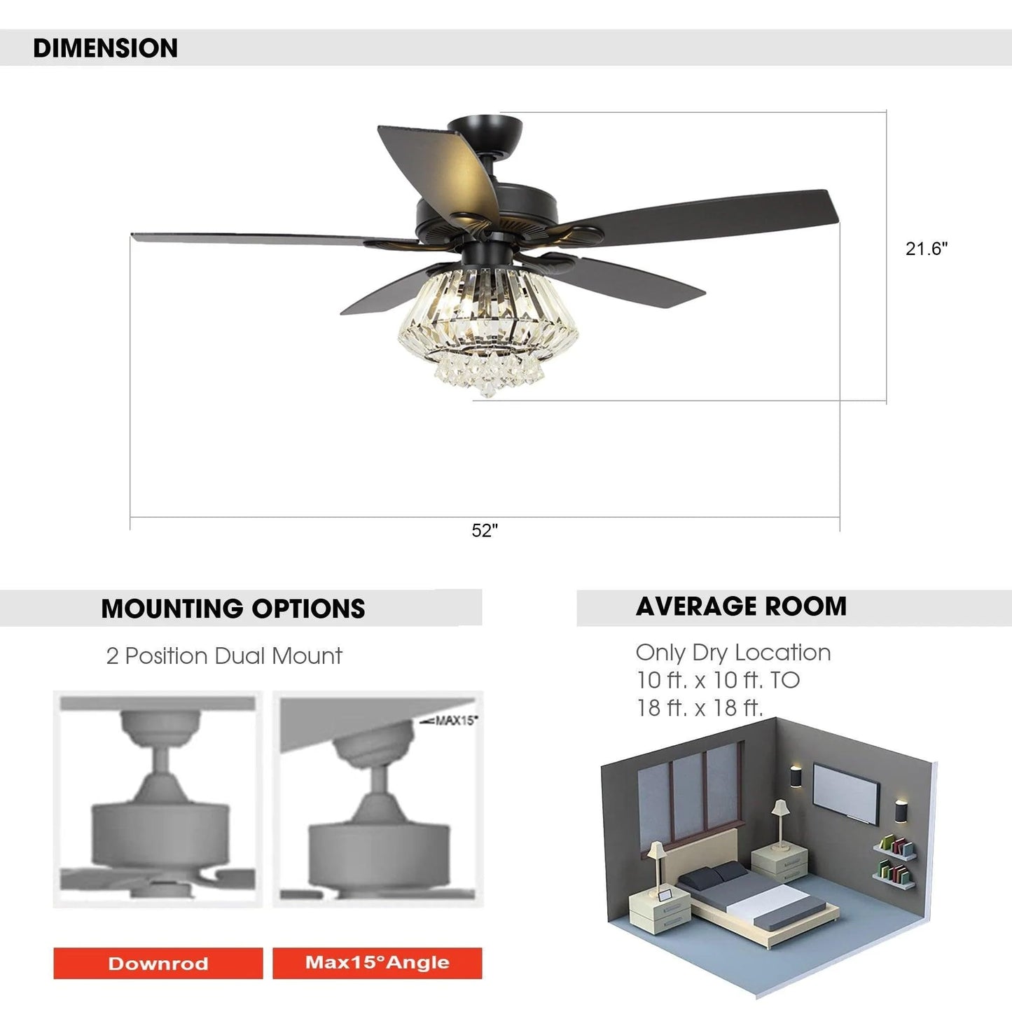Vaczon 52'' Farmhouse Ceiling Fan with Light & Remote - Black Caged Fandelier Style, Crystal Chandelier with 6 Speeds,Reversible Motor