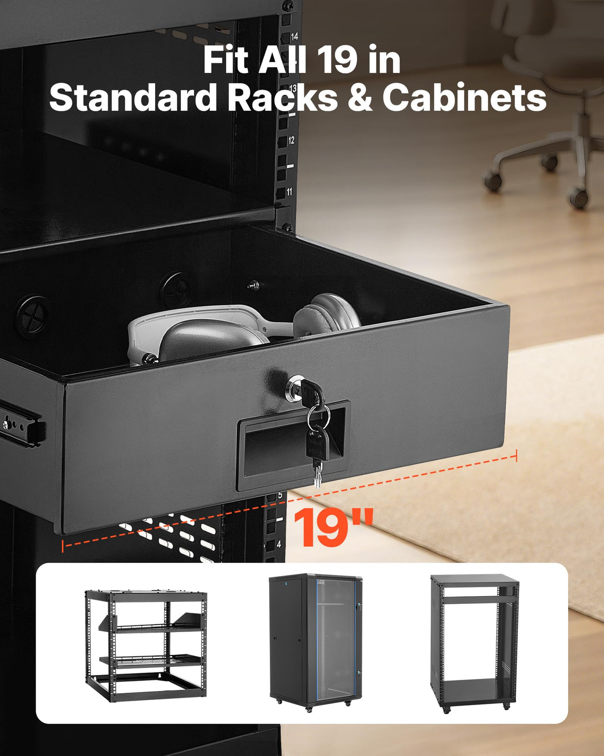 VEVOR 3U Rack Drawer, Lockable Server Cabinet Case, 13.8'' Depth Server Rack Mount Drawer, for 19'' Network Equipment/DJ/AV Rack or Cabinet Enclosure