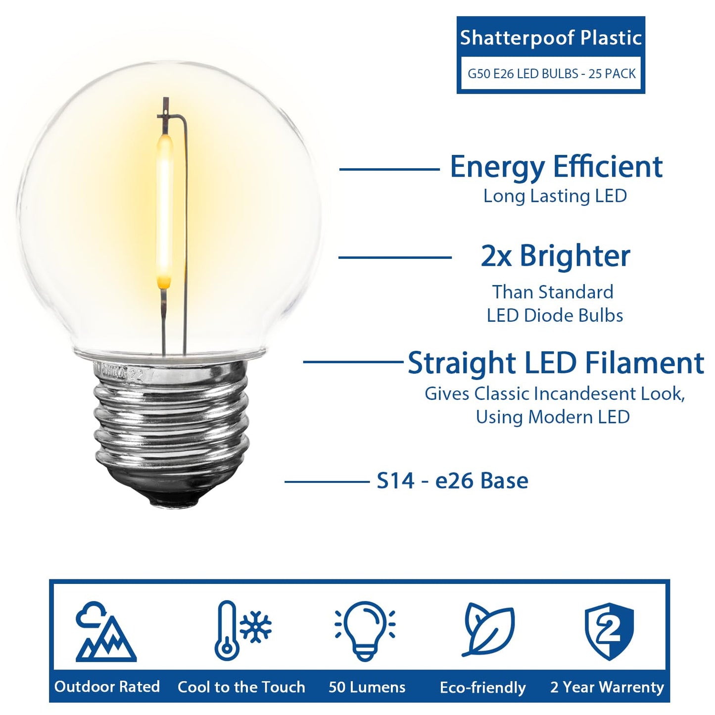Novelty Lights 25 Pack G50 LED Light Bulbs, E26 Medium Screw Base