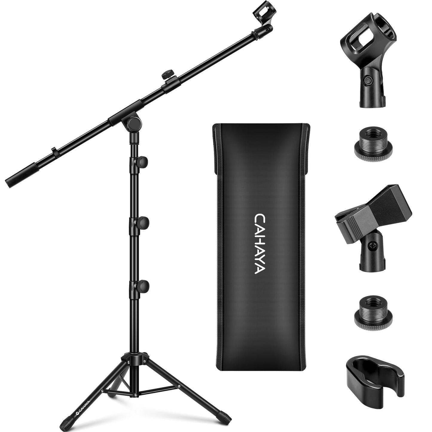 CAHAYA Mic Stand Floor Adjustable - Tripod Boom Arm Microphone Stand with Carrying Bag 2 Mic Clips 3/8" to 5/8" Adapter for Singing Podcast Compatible