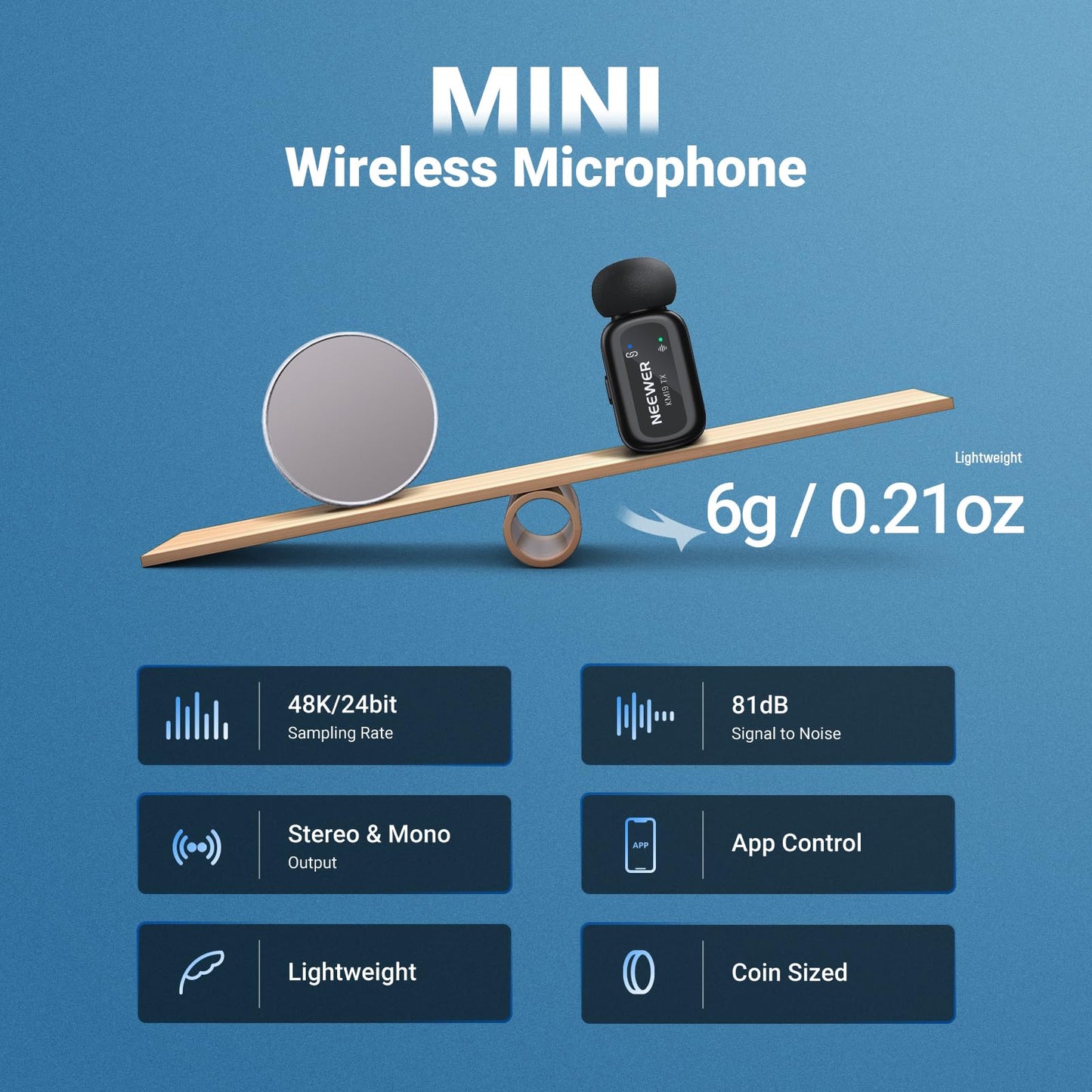 NEEWER KM19 Lightweight Wireless Lapel Microphone, 48kHz/24bit 30H Battery 3-Level Noise Cancelling Mute Stereo 100m Range Mini Lav Mic with App