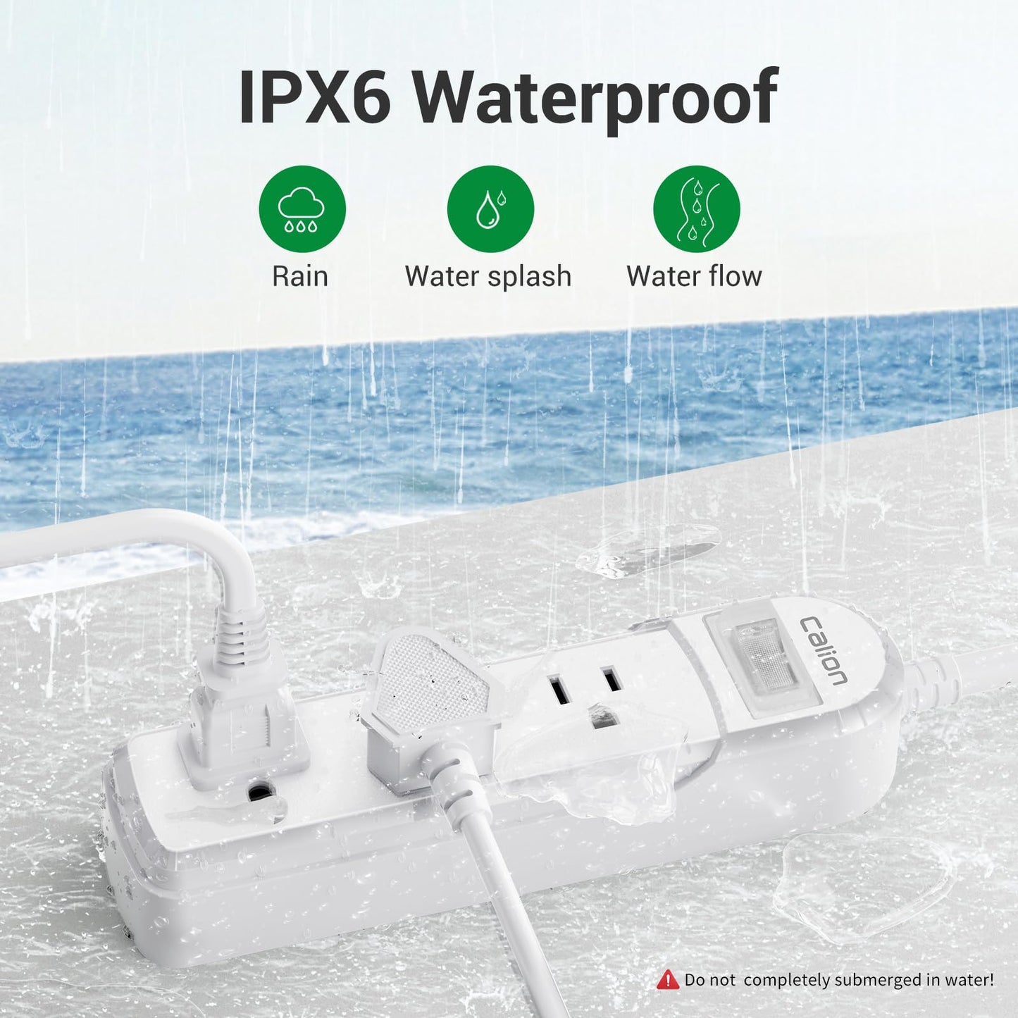 CALIONLTD Outdoor Power Strip Waterproof IPX6 Surge Protector with 10 FT Extension Cord 3 Widely Outlets Overload Protection Shockproof Flat Plug Wall