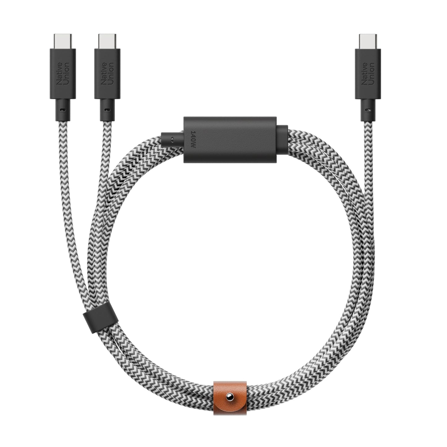 Native Union Belt Cable 2-in-1 - 6.5ft Multi-Device High Speed Charging Cable with Leather Strap for All Type-C Devices - 140W USB-C to Two USB-C
