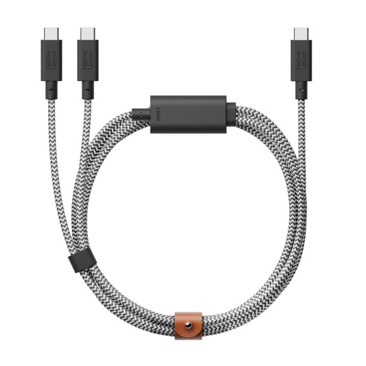 Native Union Belt Cable 2-in-1 - 6.5ft Multi-Device High Speed Charging Cable with Leather Strap for All Type-C Devices - 140W USB-C to Two USB-C
