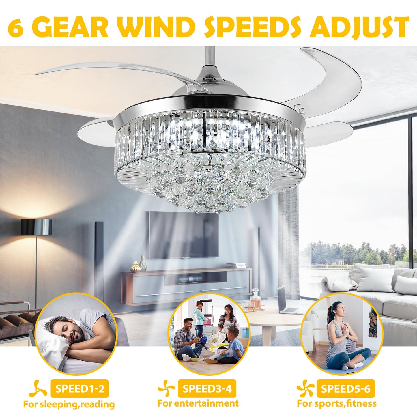 Panghuhu88 36" Invisible Ceiling Fan Chandelier Light,Modern Crystal Ceiling Fan Light Remote Control 4 Retractable ABS Blades for Bedroom Living Room
