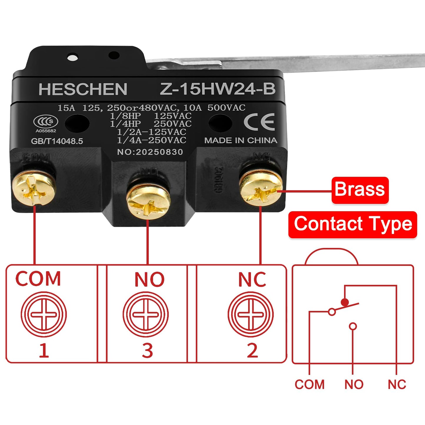 Heschen Micro Switch Z-15HW24-B Low Force Hinge Lever 3 Screw Terminal 15A Rated Current