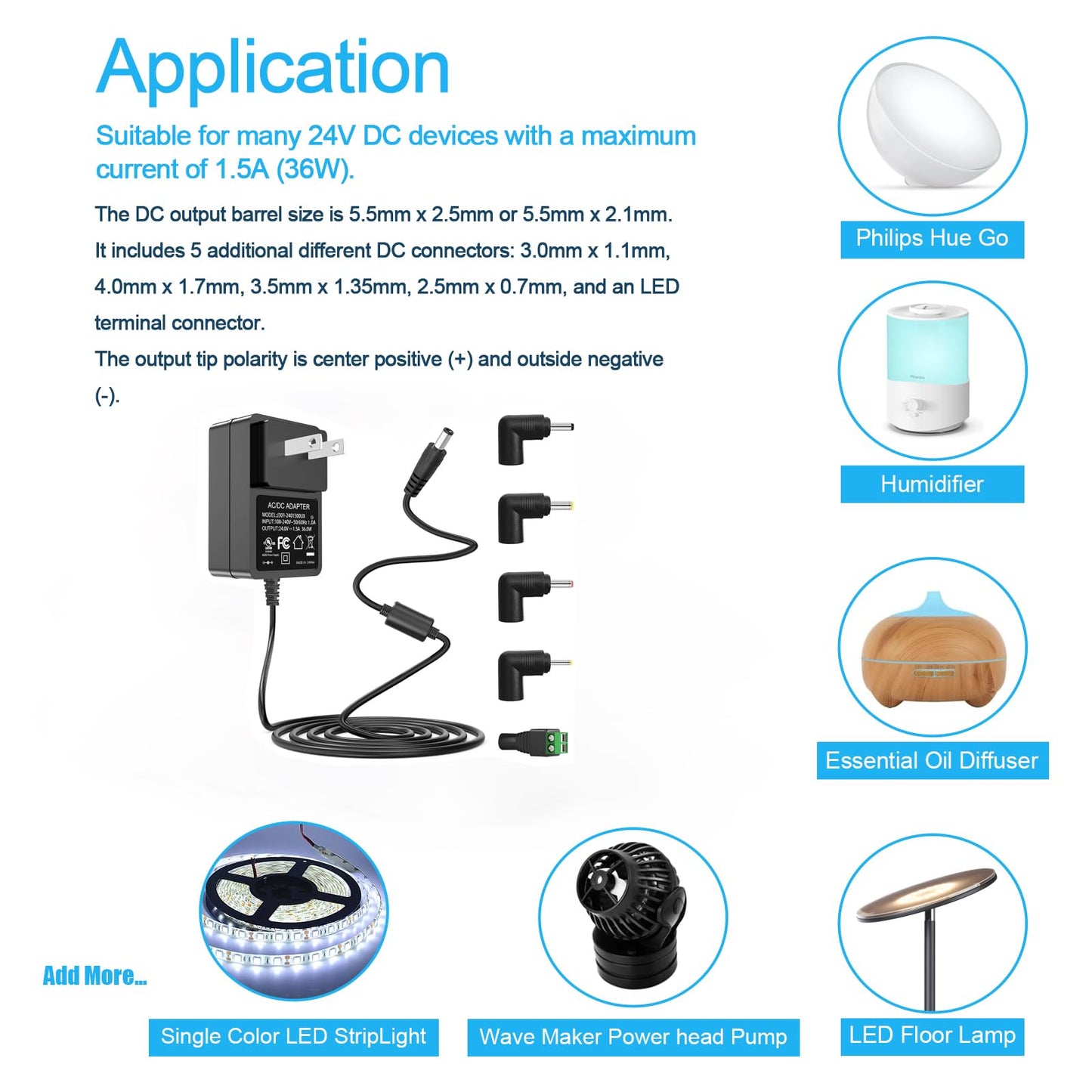 ZIFI AC 100-240V to DC 24V 1.5A Power Adapter with 5pcs DC Connectors for LED Strip Light, Essential Oil Diffuser, and More 24V Devices (Up to 1.5A…