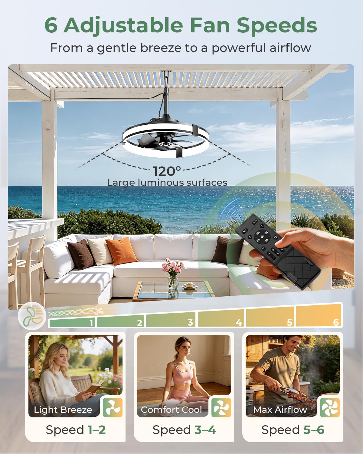 Ausic 20" Outdoor Ceiling Fan with Light, IP65 Waterproof Outdoor Gazebo Fan for Patios, Plug in Caged Hanging Fan with Remote Control Smart App 3CCT