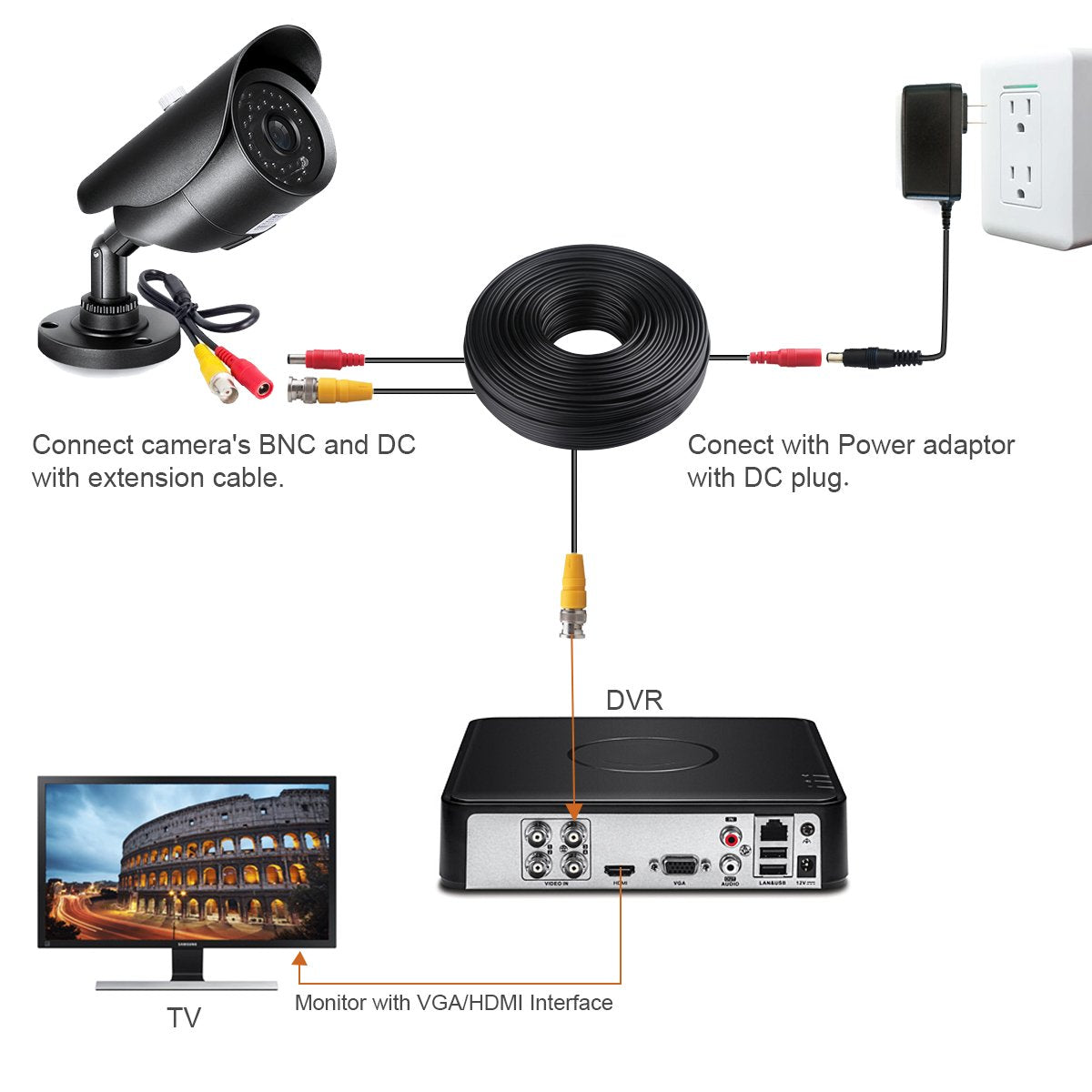 WildHD 4x200ft BNC Cable All-in-One Siamese Video and Power Security Camera Cable Extension Wire Cord with 2 Female Connectors for All Max 5MP HD CCTV