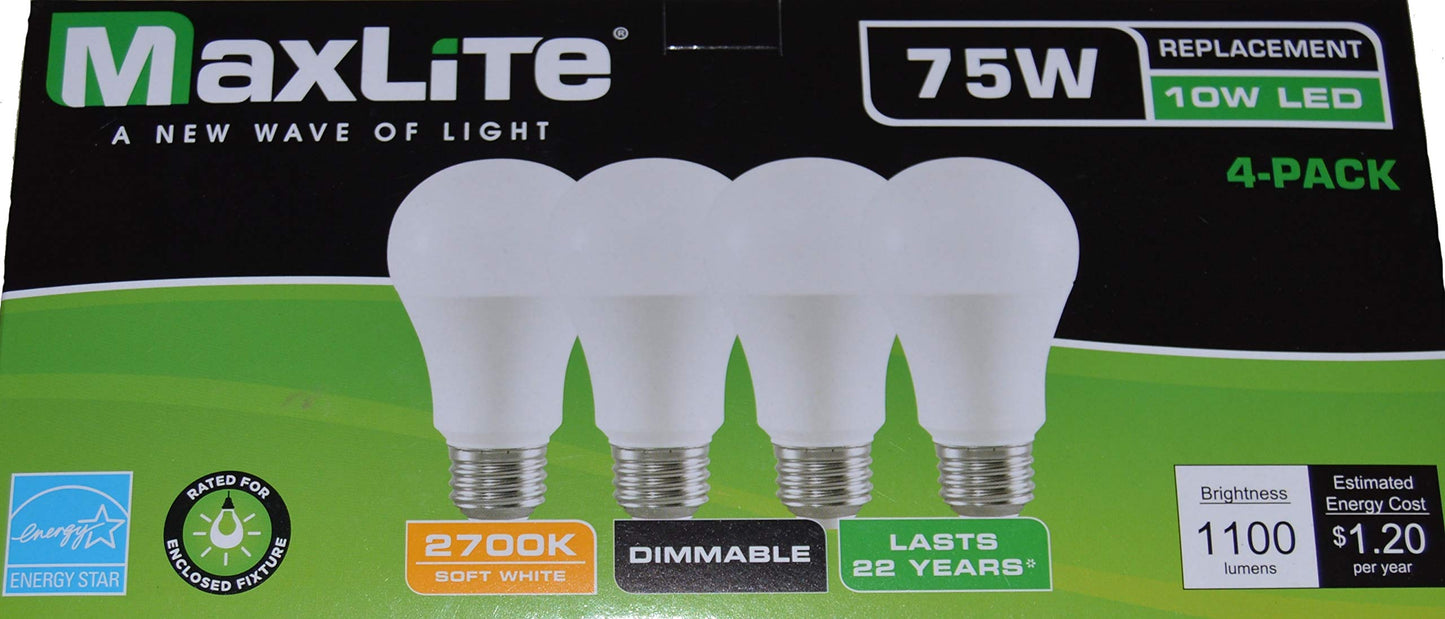 MaxLite Enclosed Rated Soft White LED A19 Light Bulbs (75W, Pack of 4)