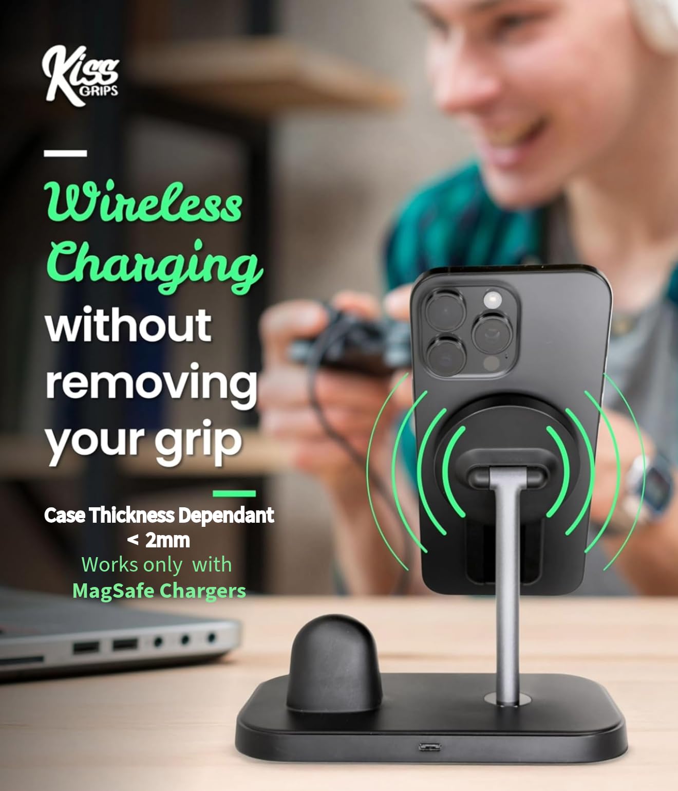 KISS GRIPS Phone Grip for MagSafe, Holder, Loop, and Kickstand - Ultra-Thin Dual Magnetic 360° Spin Tripod, Selfie Stick, Phone Stand - Wireless