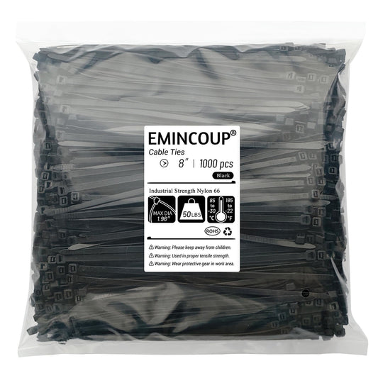 8 inch Zip Ties 1000 Pack, Black Cable Ties with 50lbs Tensile Strength, Self-Locking Plastic Wire Ties for Indoor and Outdoor Use by EMINCOUP