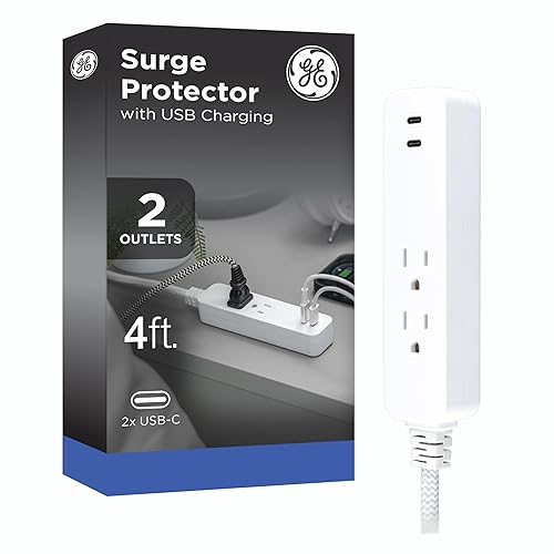 GE 2 USB C Extension Cord Power Strip, 2 Outlets, 4 Ft Braided Cord, Flat Plug, 245 Joules, 12W Charging Power, 16AWG, White, 87434