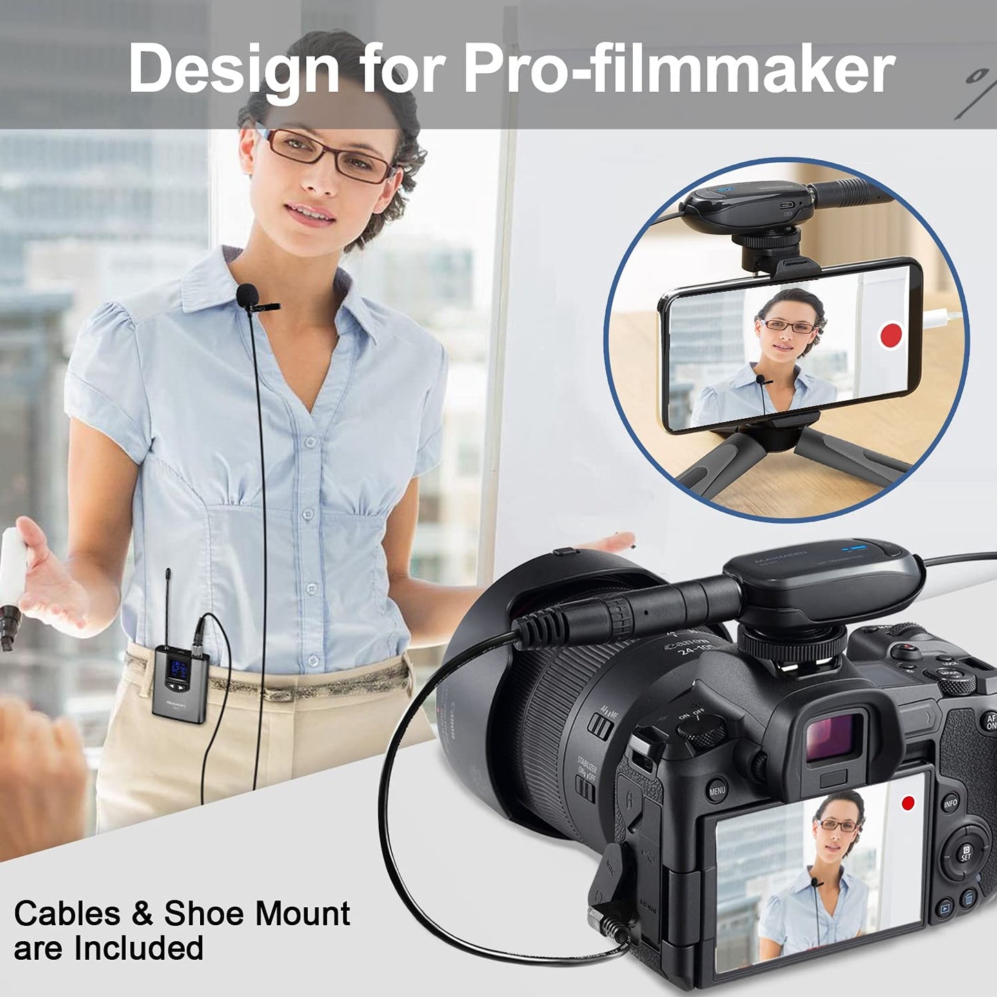 Alvoxcon UHF Dual Channel Wireless Lavalier Microphone System with Volume Control for iPhone, DSLR, PA Speaker, YouTube, Podcast, Video Recording