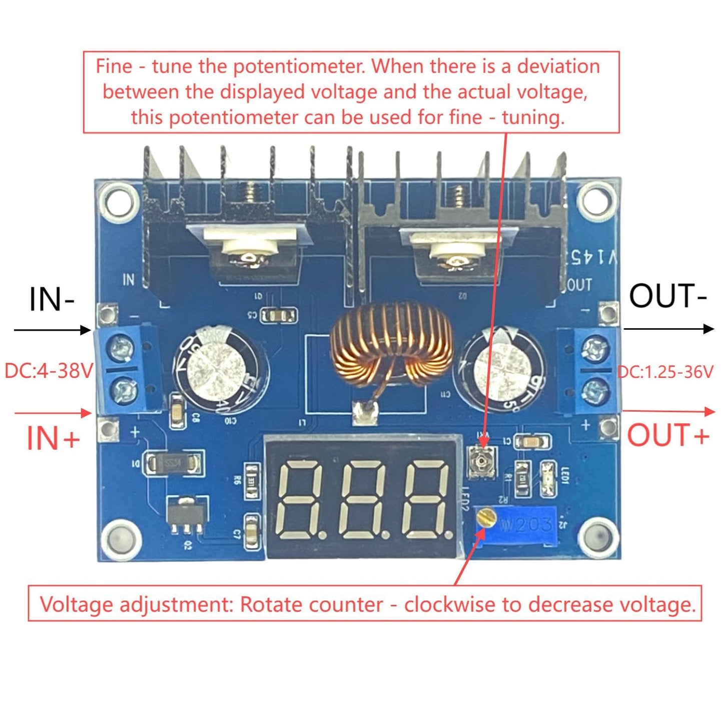 XL4016 DC-DC Buck Converter, 5V/12V/15V/24V Adjustable, 4-38V to 1.25-36V 8A High Power with Display, Step-Down Module for DIY/Automation