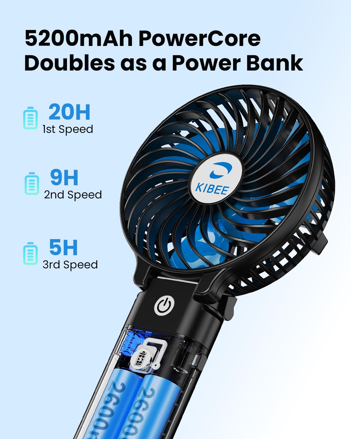 KIBEE Portable Handheld Fan, 5200mAh Rechargeable Fan with Power Bank, Up to 20H Runtime, 180° Foldable Mini Fan, 3-Speed Strong Airflow Personal Fan