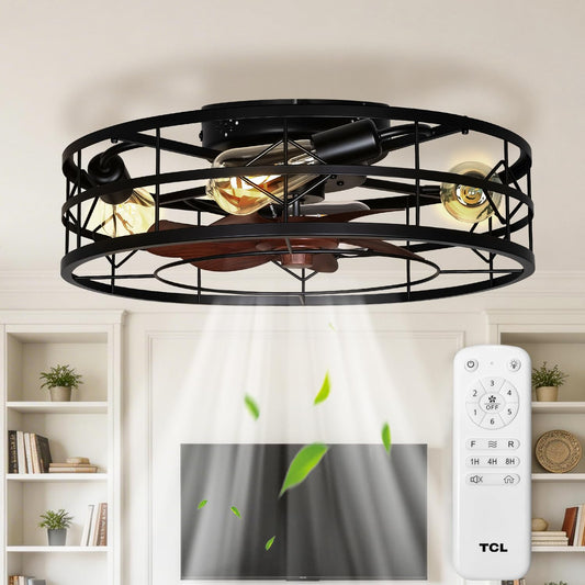 TCL 24" Black Caged Low Profile Ceiling Fans with Lights & Remote