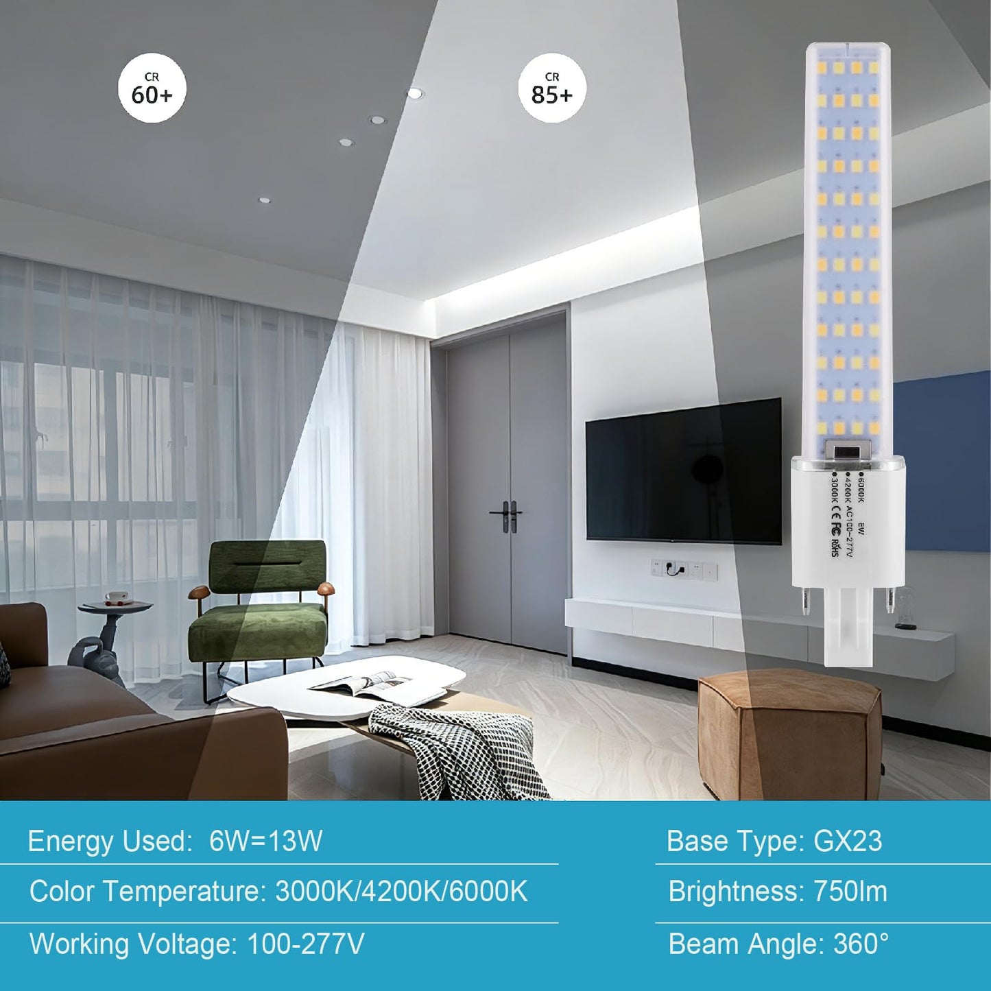 PINSUNLUX GX23 Base LED Bulbs 13W CFL Equivalent,2-Pin PL Horizontal LED Light,3 Color Selectable Warm White//Neutral White/Cool White/ 360°
