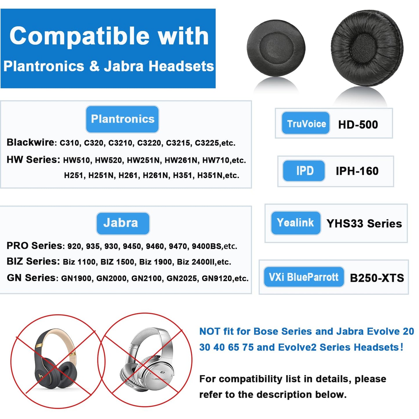Ear Cushions for Plantronics Headset Replacement 50mm Ear Pads Designed for Headphone Plantronics HW251N HW261N HW510 Blackwire C320 3210 3220 Jabra