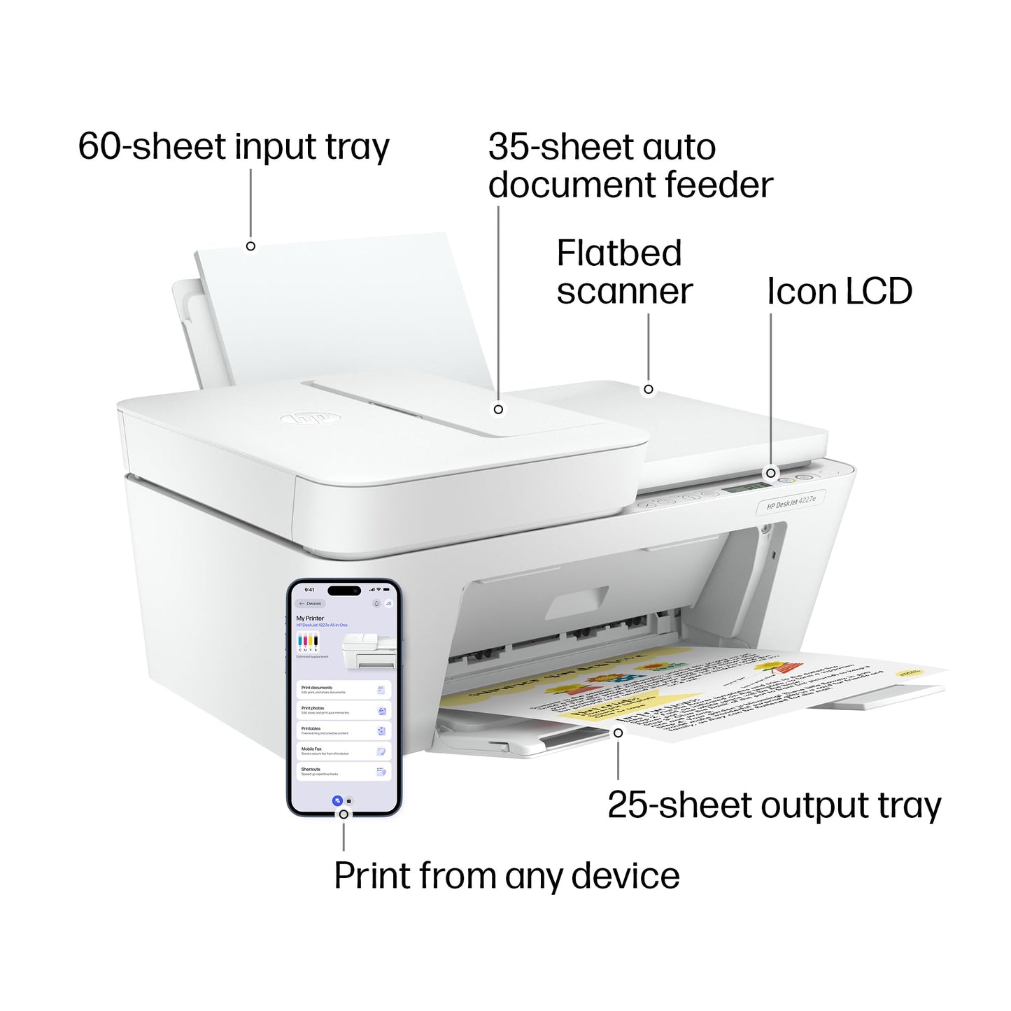 HP DeskJet 4227e Wireless All-in-One Color Inkjet Printer, Scanner, Copier, Best-for-Home, 3 Month Instant Ink Trial Included, AI-Enabled (6W7F0A)