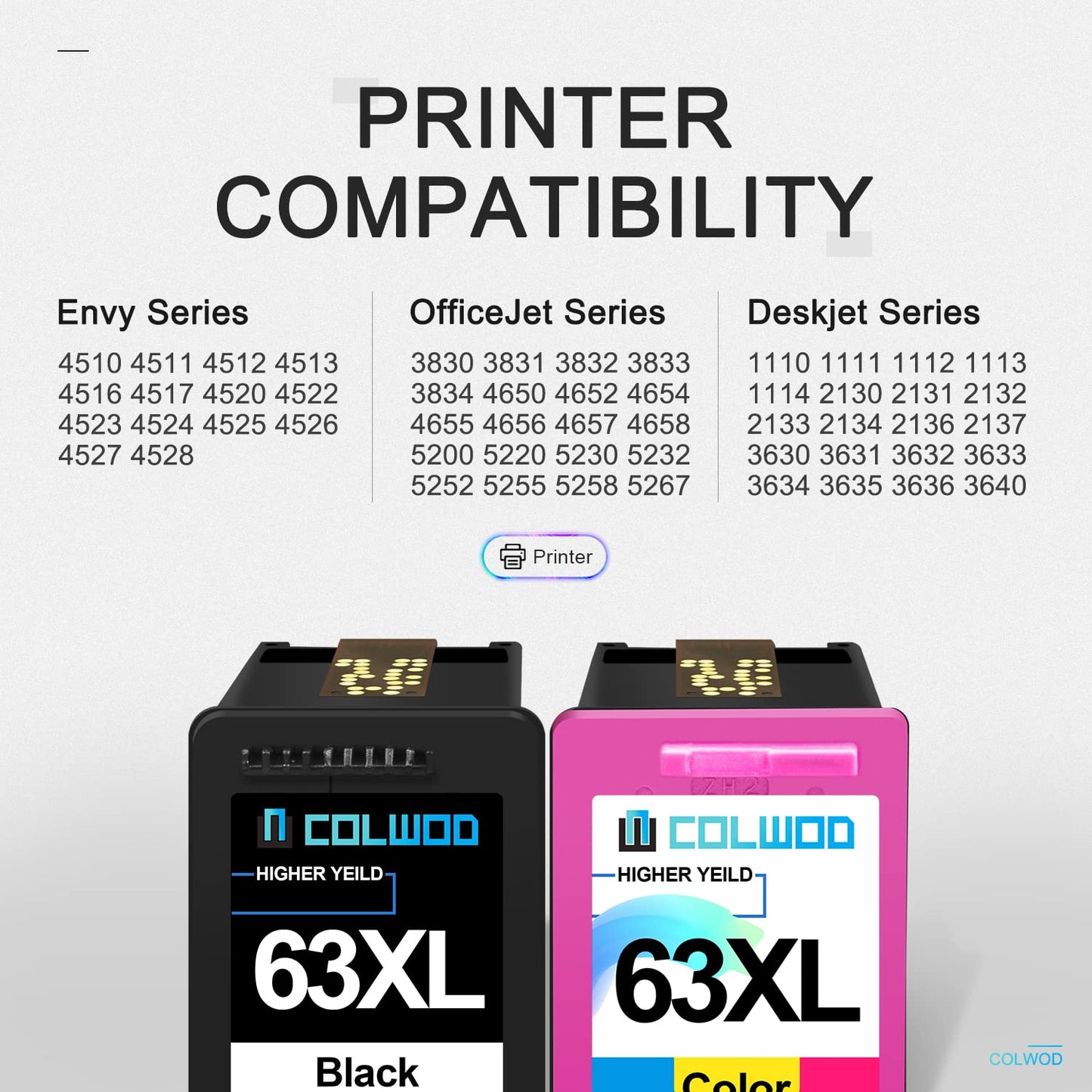 COLWOD High-Yield Remanufactured 63XL Ink Cartridge Replacement for HP 63 63 XL use with HP OfficeJet 3830 4650 5255 5258 Envy 4520 4512 DeskJet 1112