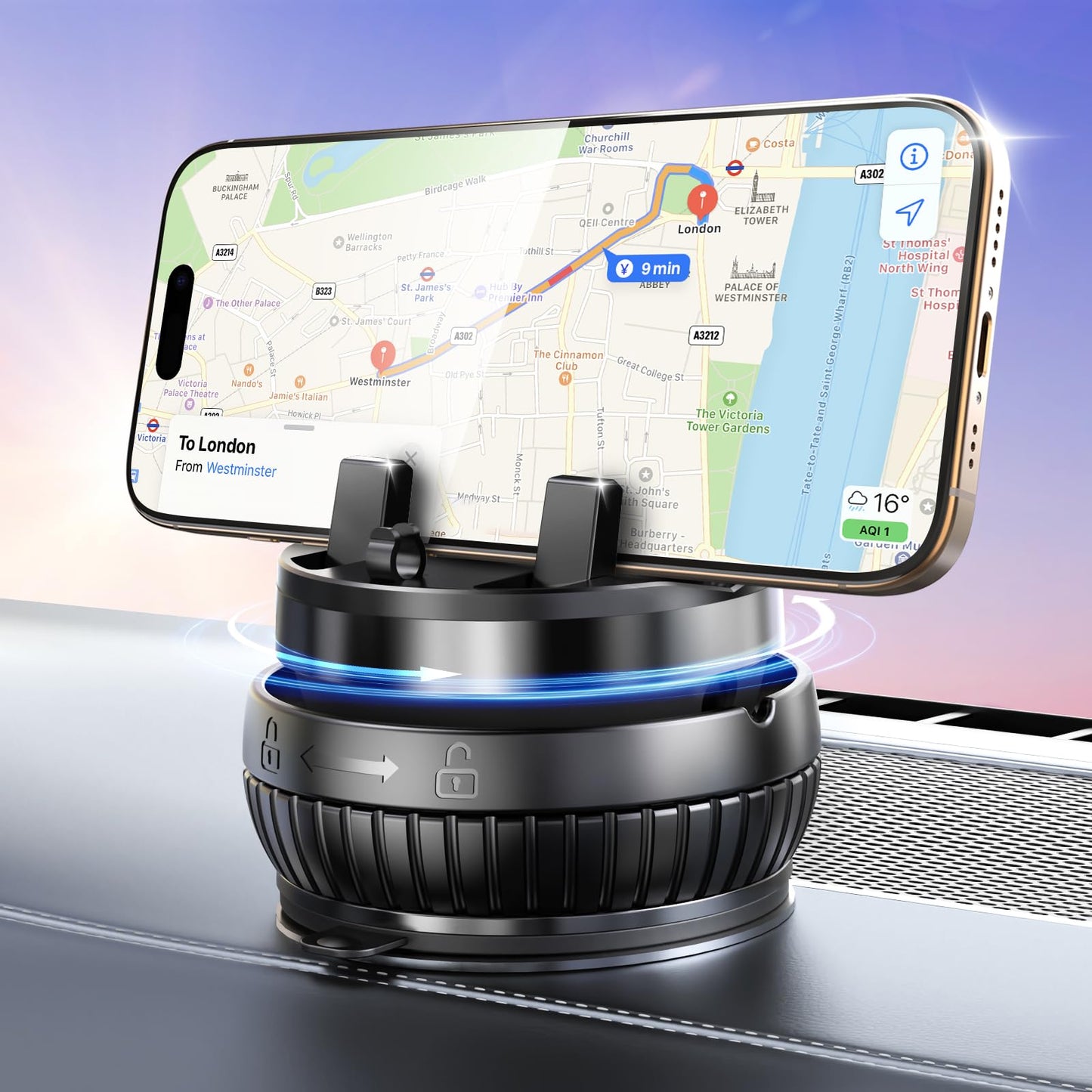 pop-tech Car Suction Dashboard Phone Holder:?360° Rotating & 30° Adjustable? Vacuum Suction Cup Cell Phone Mount with Anti-Slip Spring Snap, Vehicle
